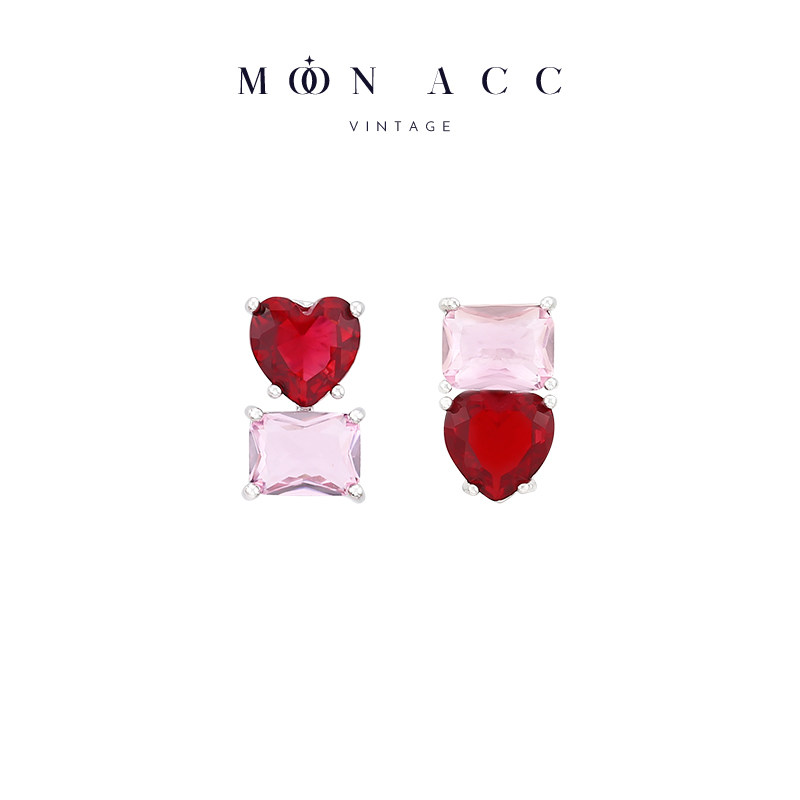 MOON ACC/红色爱心方钻锆石不对称耳钉 小众设计感无耳洞耳夹耳饰