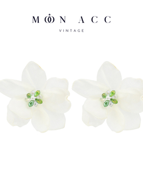 MOON CC/白色雪纺花瓣水晶耳环设计感夏日小清新仙女气无耳洞耳夹