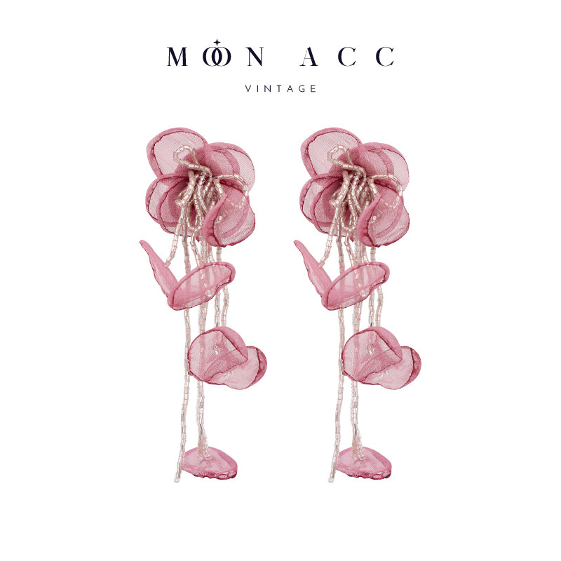 MOON ACC/粉紫色薄纱花瓣流苏耳环 海边度假风裙装耳饰无耳洞耳夹