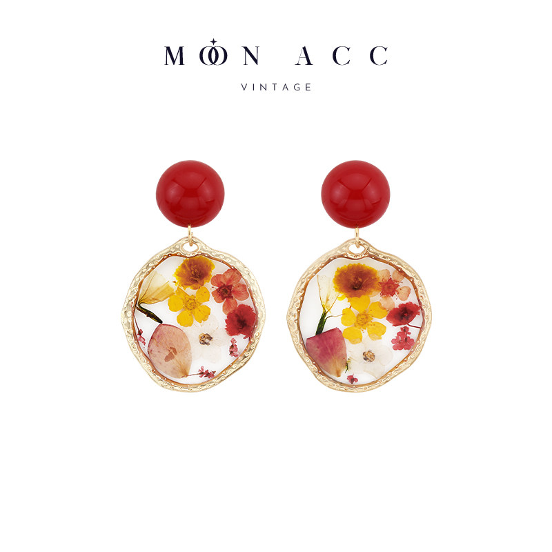 MOON ACC/红色不规则圆形滴胶干花耳环法式田园风怀旧耳饰耳夹女