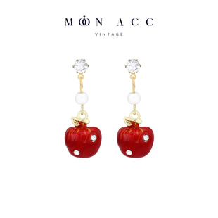 小巧设计精致耳夹女无耳洞耳饰 圣诞红苹果珍珠水钻耳环 MOON ACC