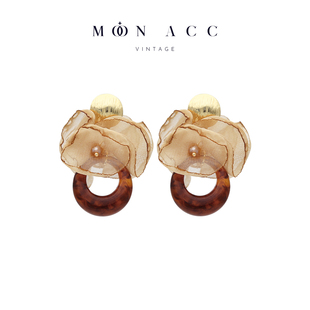轻奢复古港风高级感耳钉耳饰 美拉德琥珀色雪纺花朵耳环 MOON ACC