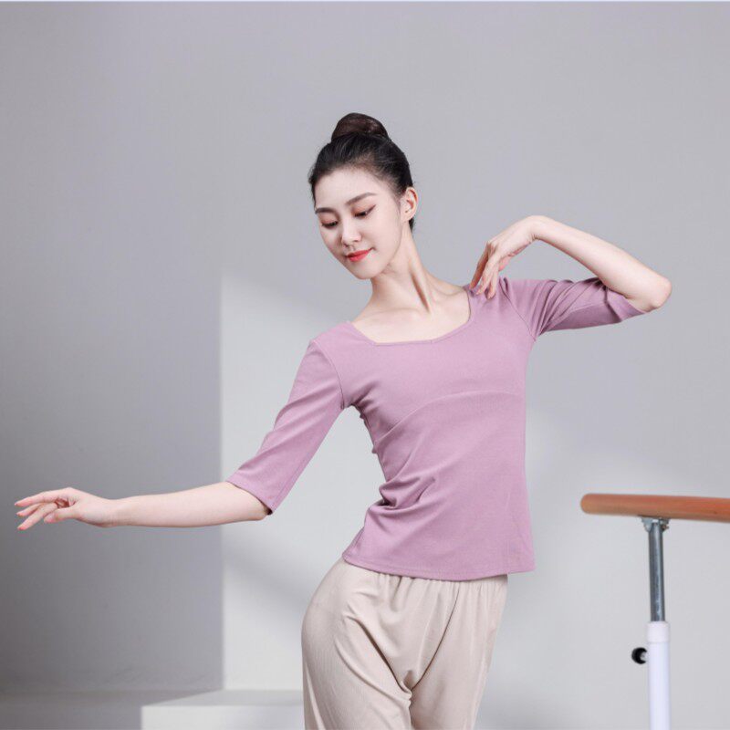 舞蹈练功服女上衣带胸垫形体服春秋中袖显瘦专业舞蹈老师上课服