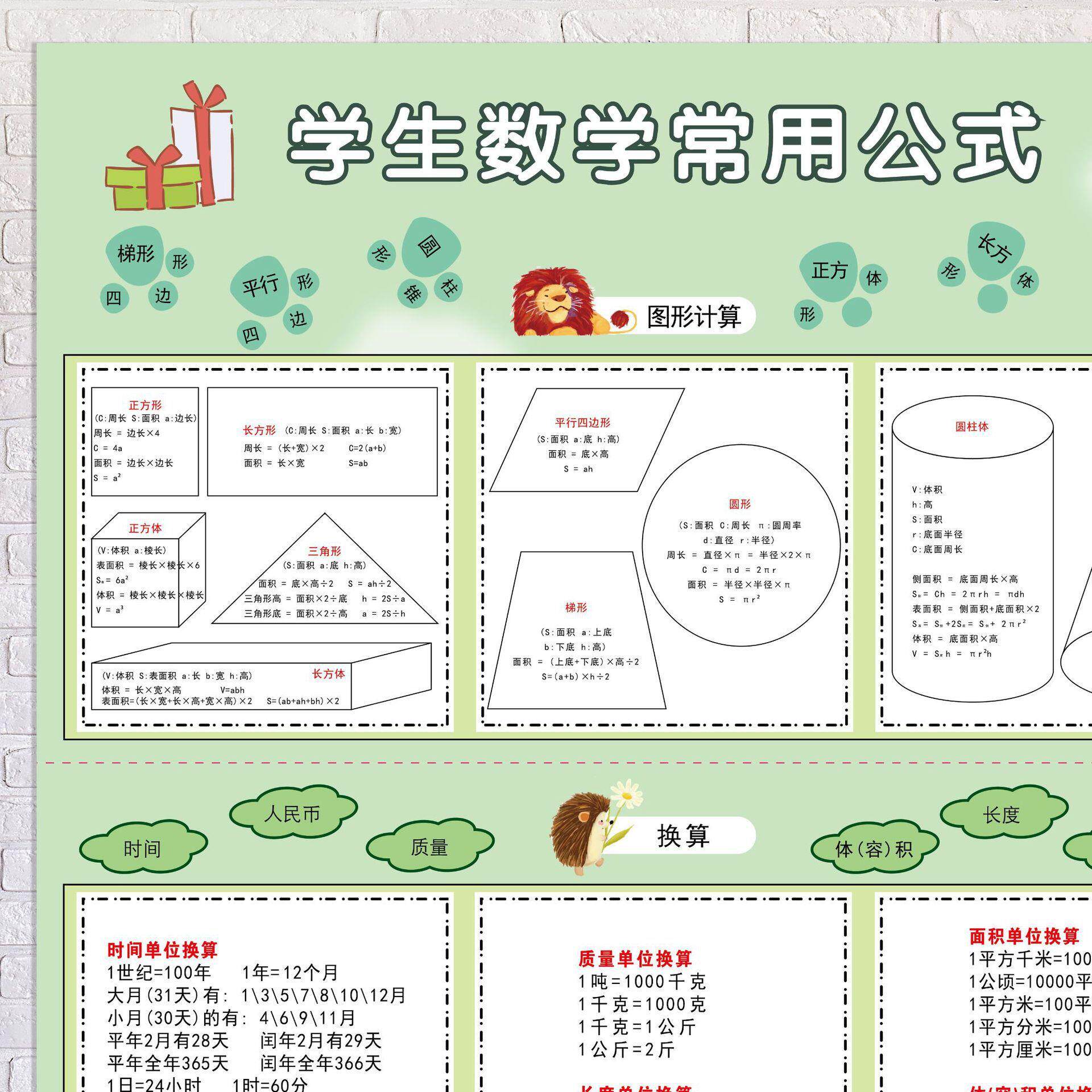 小学1一6年级数学公式表大全挂图三四五年级知识汇总位换算墙贴
