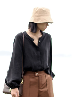 法式宽松慵懒风衬衫女长袖上衣女新款黑色衬衣女高级感铜氨丝衬衫