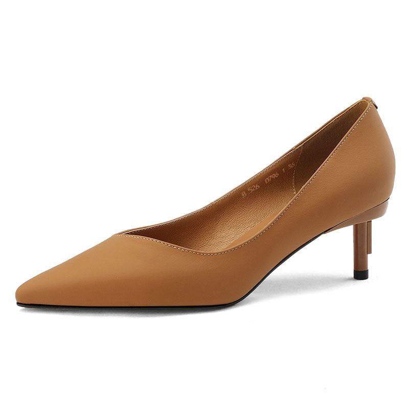 IOUYOH LIGHT BROWN SILK SHEEPSKIN HIGH HEELS WOMENS 2023 NEW VERSATILE POINTED TOE STILETTO OL SINGLE SHOES 7CM