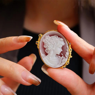 vintage纯银镀金天然玛瑙卡梅奥胸针吊坠两用项链高档女胸花别针