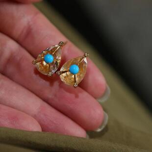 天然白水晶绿松水滴耳钉925纯银镀金气质百搭耳饰小众设计耳环