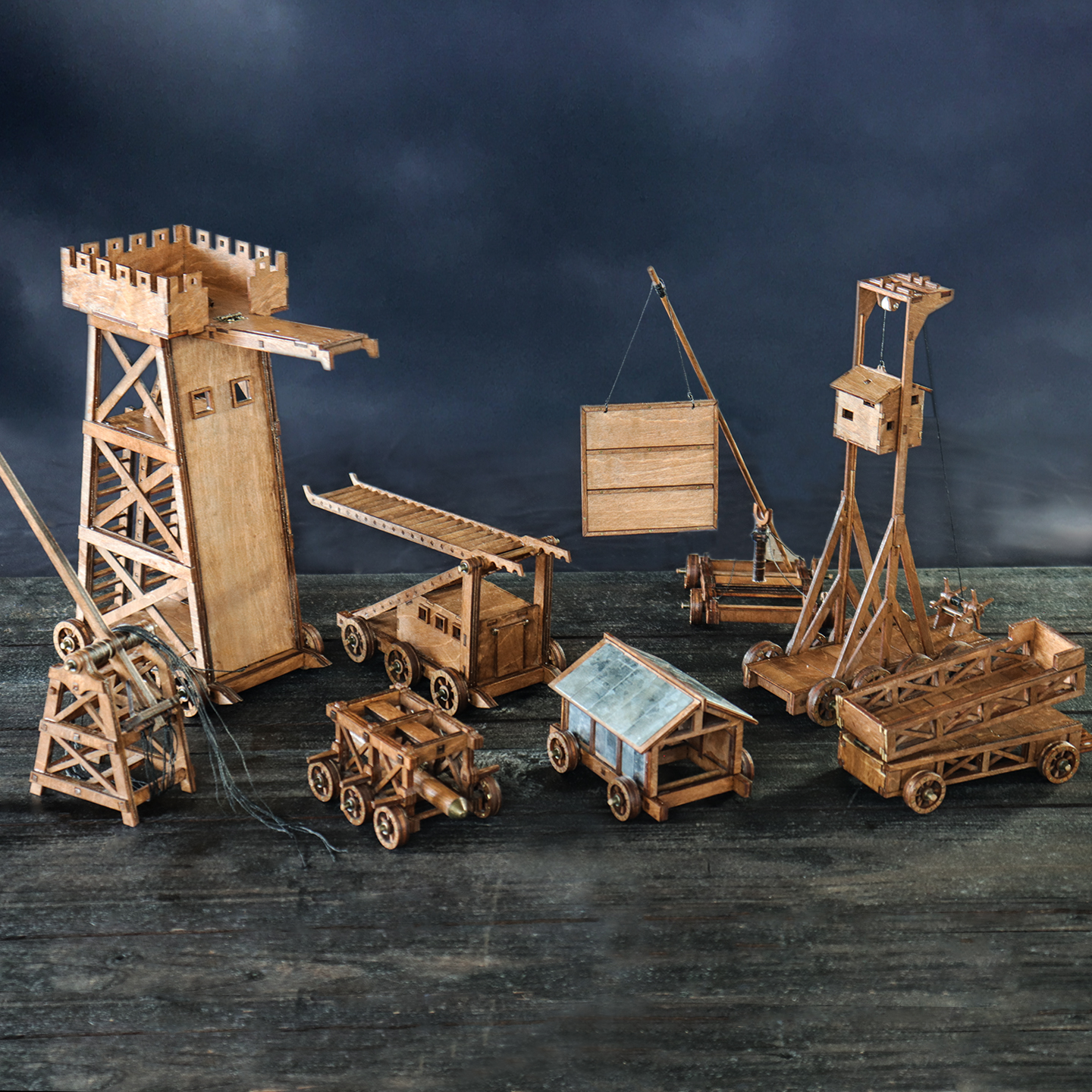 微模逗中国古代迷你攻城器械战车八件套木制拼图研学场景摆件礼物