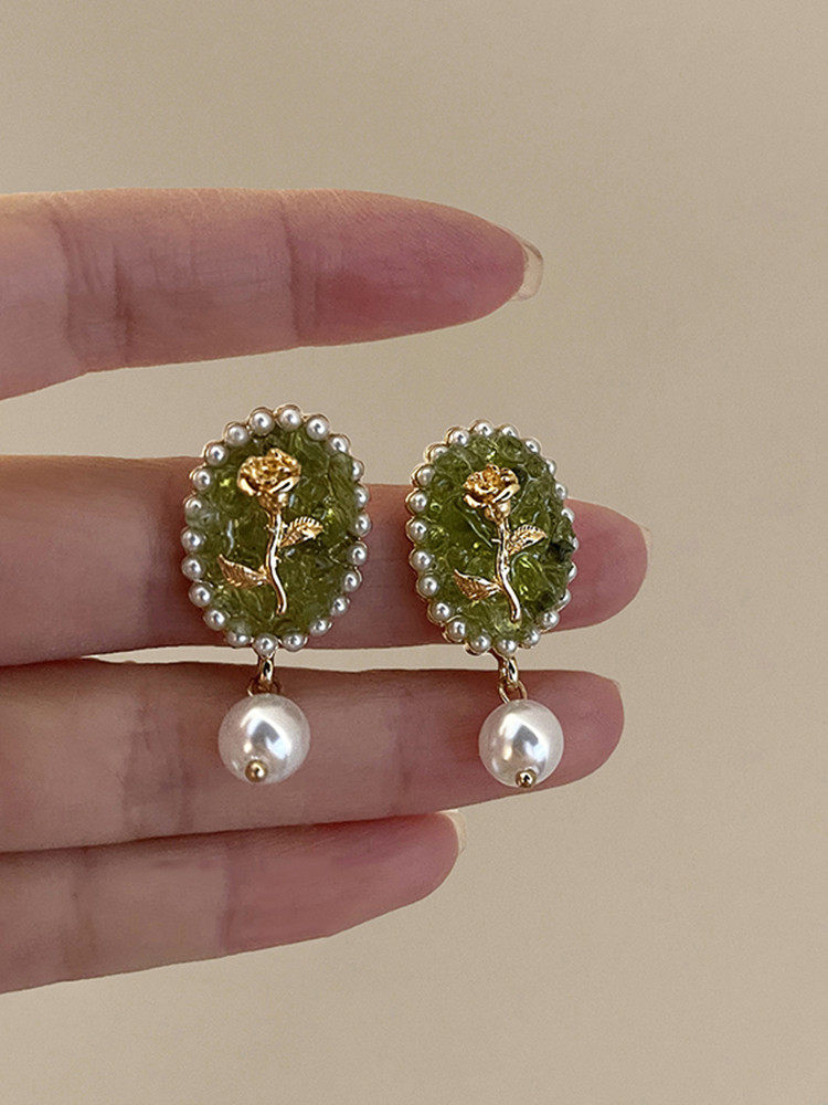 [슈퍼 페어리] S  장미 꽃 진주 귀걸이 틈새 디자인 하이 엔드 레트로 홍콩 스타일 녹색 귀 클립