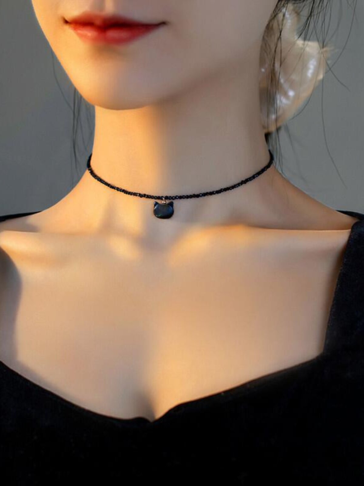 천연 블랙 크리스탈 고양이 목걸이 라이트 럭셔리 틈새 하이엔드 다용도 14K 골드 충전 변색되지 않는 목걸이