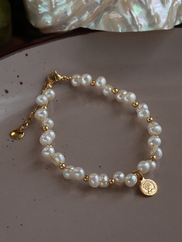 새로운 복고풍 초상화 금화 14K 금도금 천연 담수 진주 팔찌 INS 틈새 디자인 가벼운 고급 기질