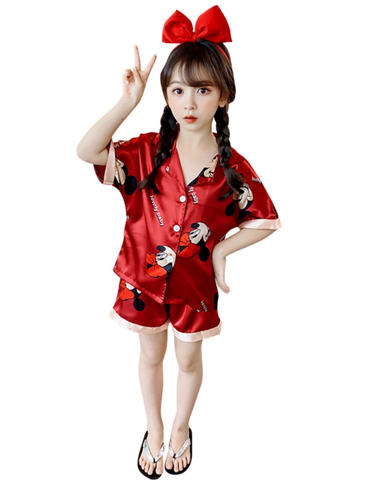 CHILDRENS PAJAMAS GIRLS HOME CLOTHES SUMMER THIN GIRLS ICE SILK SUMMER CUTE SHORT-SLEEVED SUITS IN BIG CHILDRENS SILK