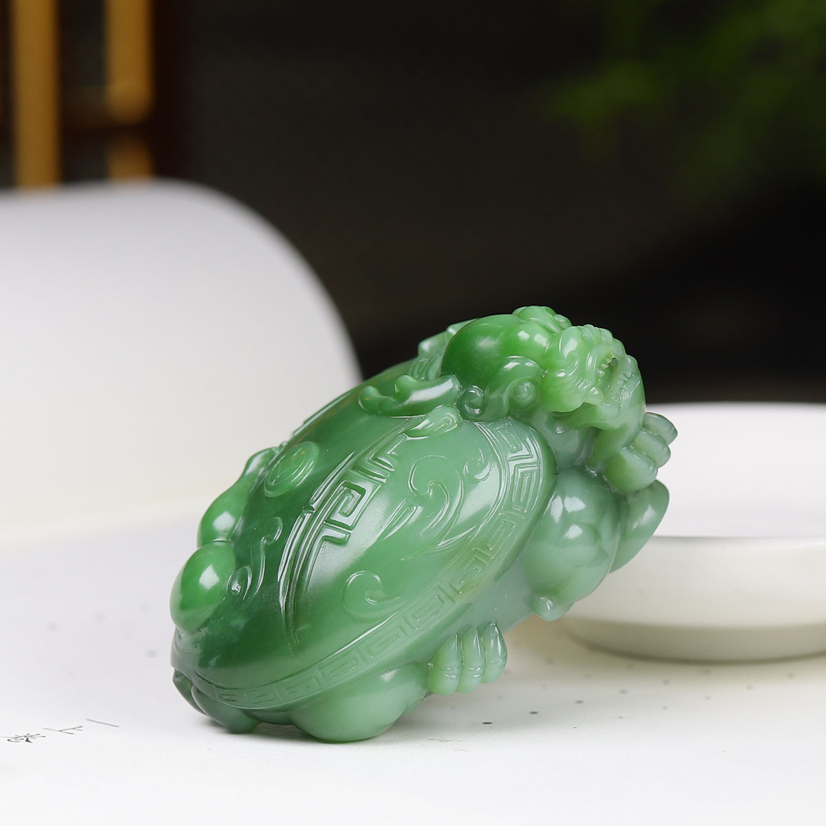 （古晨珠宝）俄罗斯和田玉碧玉龙龟把件手玩摆件万寿无疆96g
