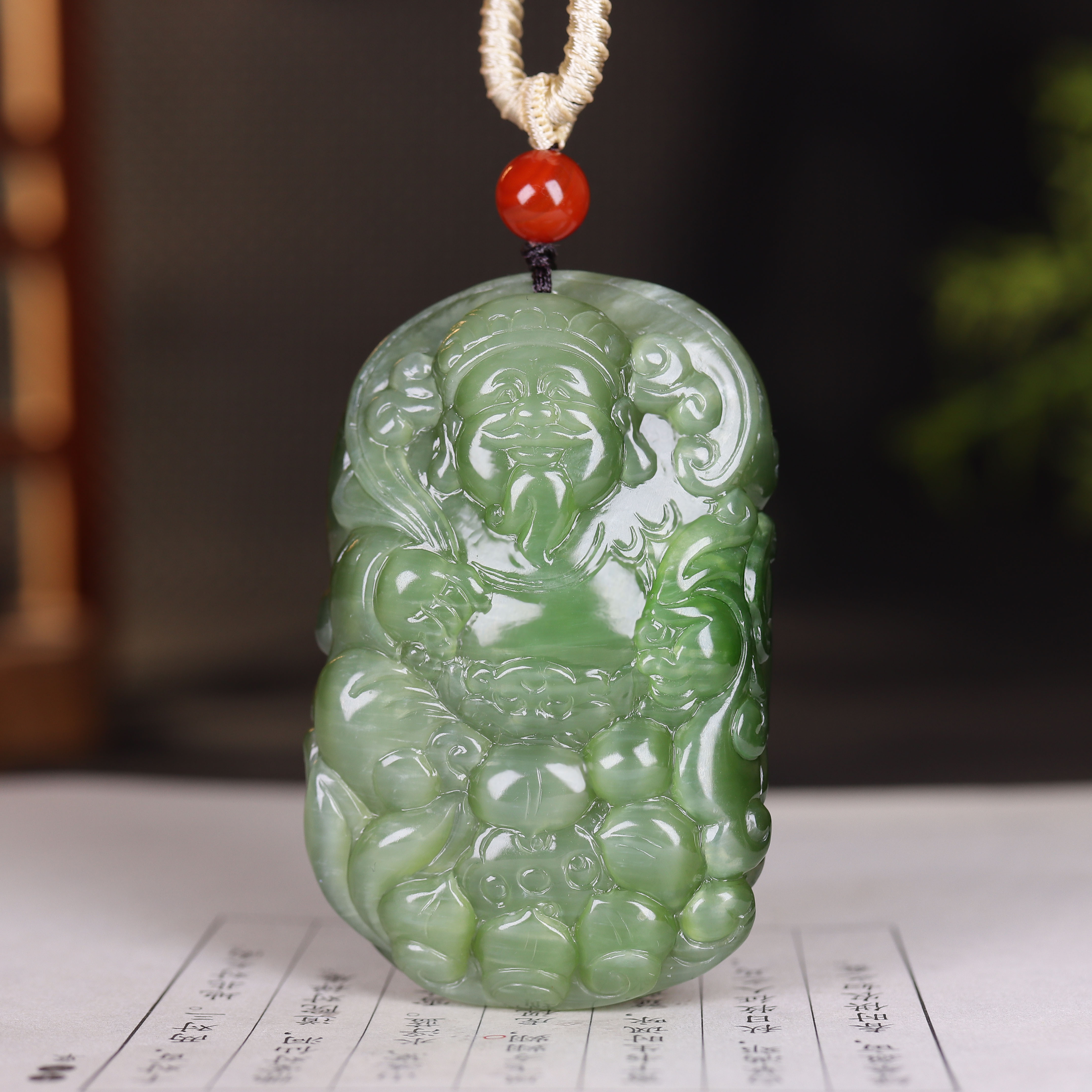 (古晨珠宝) 俄罗斯和田玉碧玉猫眼财神挂件吊坠玉坠招财进宝85g