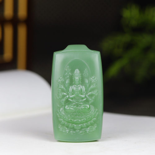 （古晨珠宝）俄罗斯和田玉粉绿碧玉观音挂件吊坠玉坠千手观音35g