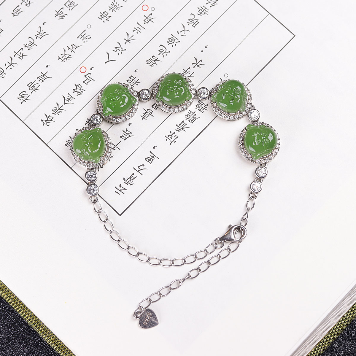 (古晨珠宝) 俄罗斯和田玉果绿碧玉佛头手链S925银镶手链8g11*7mm