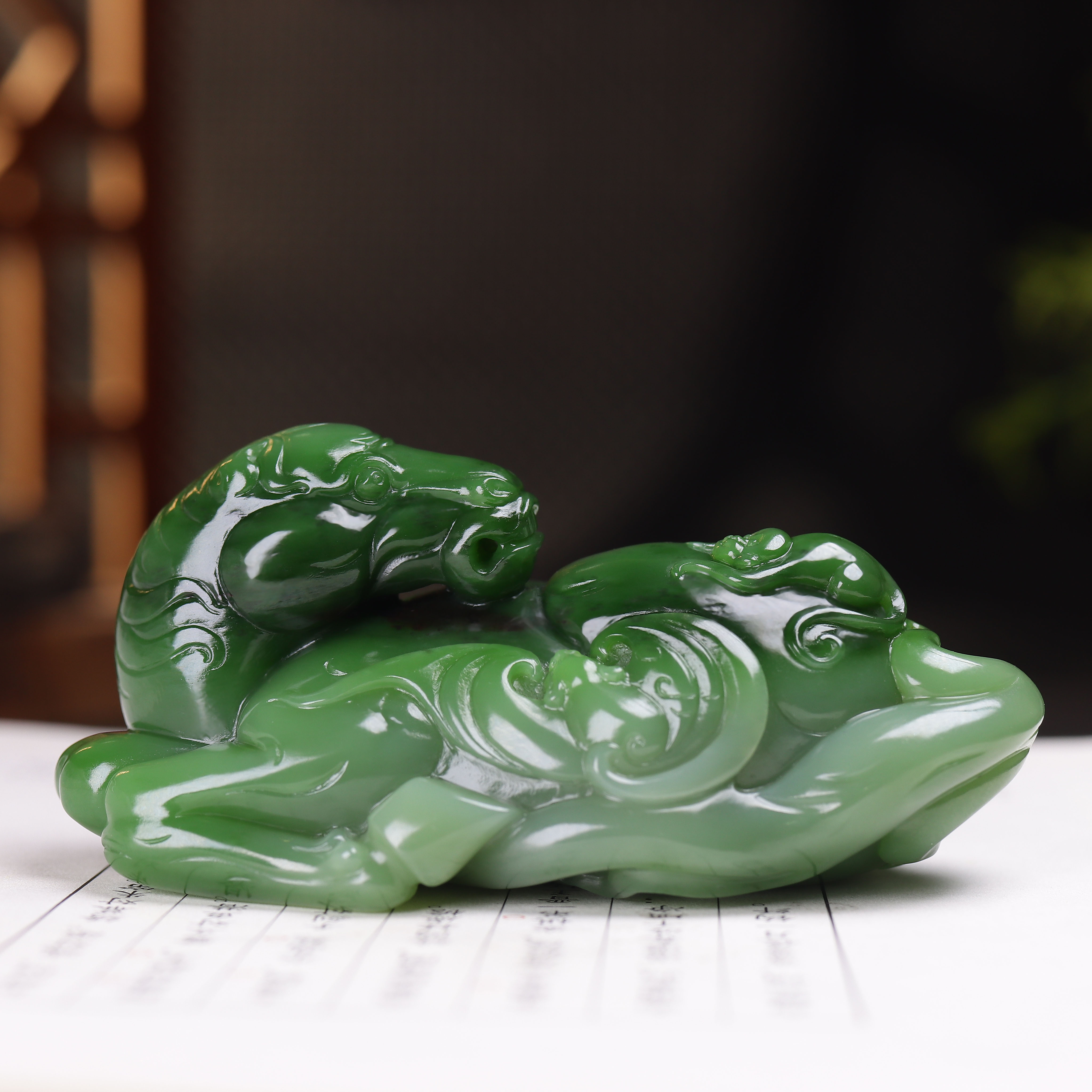 (古晨珠宝)俄罗斯和田玉碧玉生肖马把件手玩马上封侯206g