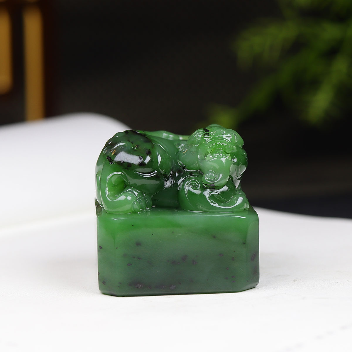 （古晨珠宝）俄罗斯和田玉碧玉貔貅印章把件摆件瑞兽呈祥160g