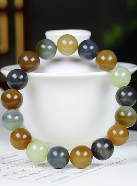 （古晨珠宝）新疆和田玉楼兰三色圆珠手串手链诸事如意45g12mm
