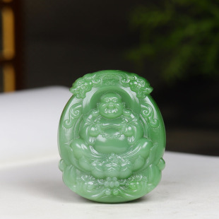 (古晨珠宝) 俄罗斯和田玉粉绿碧玉弥勒佛挂件吊坠玉坠天生福相41g