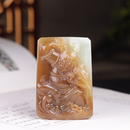 （古晨珠宝)新疆和田玉且末糖白玉武财神挂件玉坠吊坠招财进宝75g