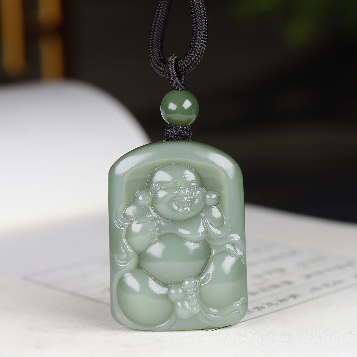 (古晨珠宝) 俄罗斯和田玉鸭蛋青碧玉弥勒佛挂件吊坠玉坠36g