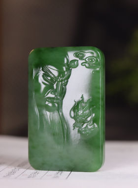 （古晨珠宝)俄罗斯和田玉菠菜绿碧玉关公挂件吊坠玉坠义薄云天39g