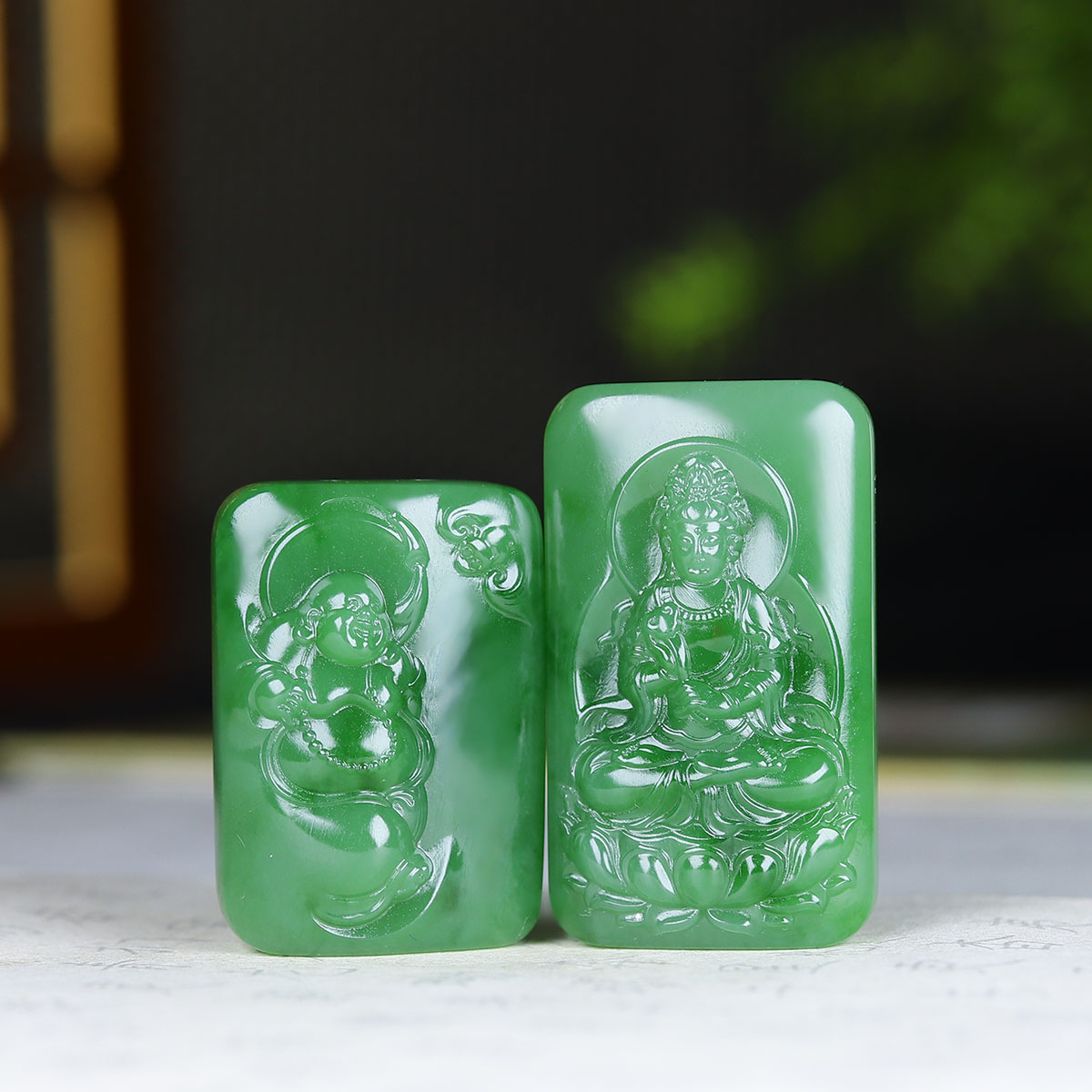 （古晨珠宝）俄罗斯和田玉碧玉观音弥勒佛挂件玉牌对牌42g