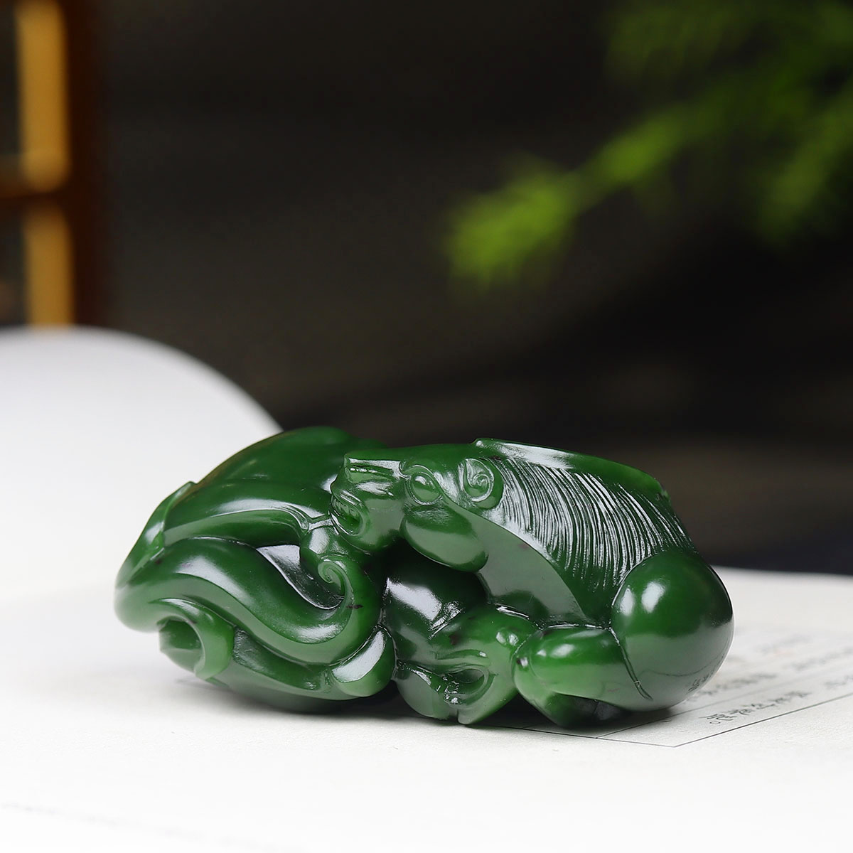（古晨珠宝）俄罗斯和田玉菠菜绿碧玉生肖马把件手玩马到成功118g
