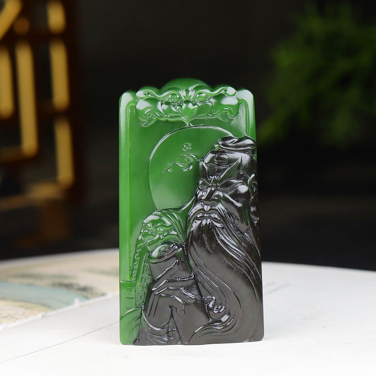 （古晨珠宝）俄罗斯和田玉黑皮菠菜绿碧玉关公挂件吊坠玉坠91g