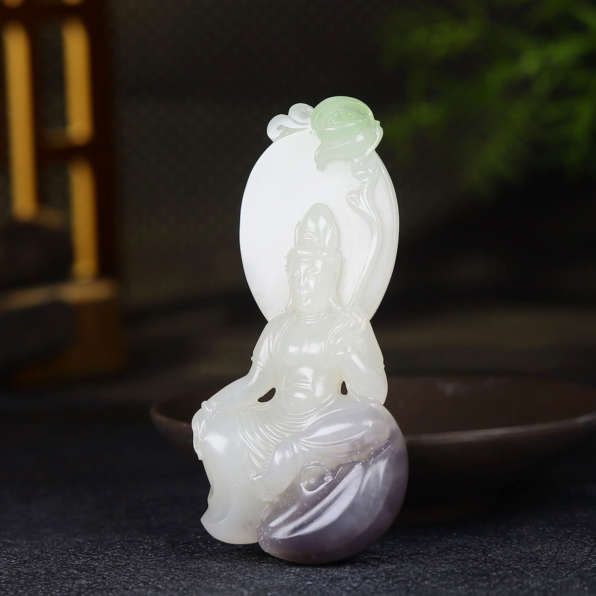 （古晨珠宝）青海和田玉翠青三色观音挂件吊坠玉坠观音护佑45g