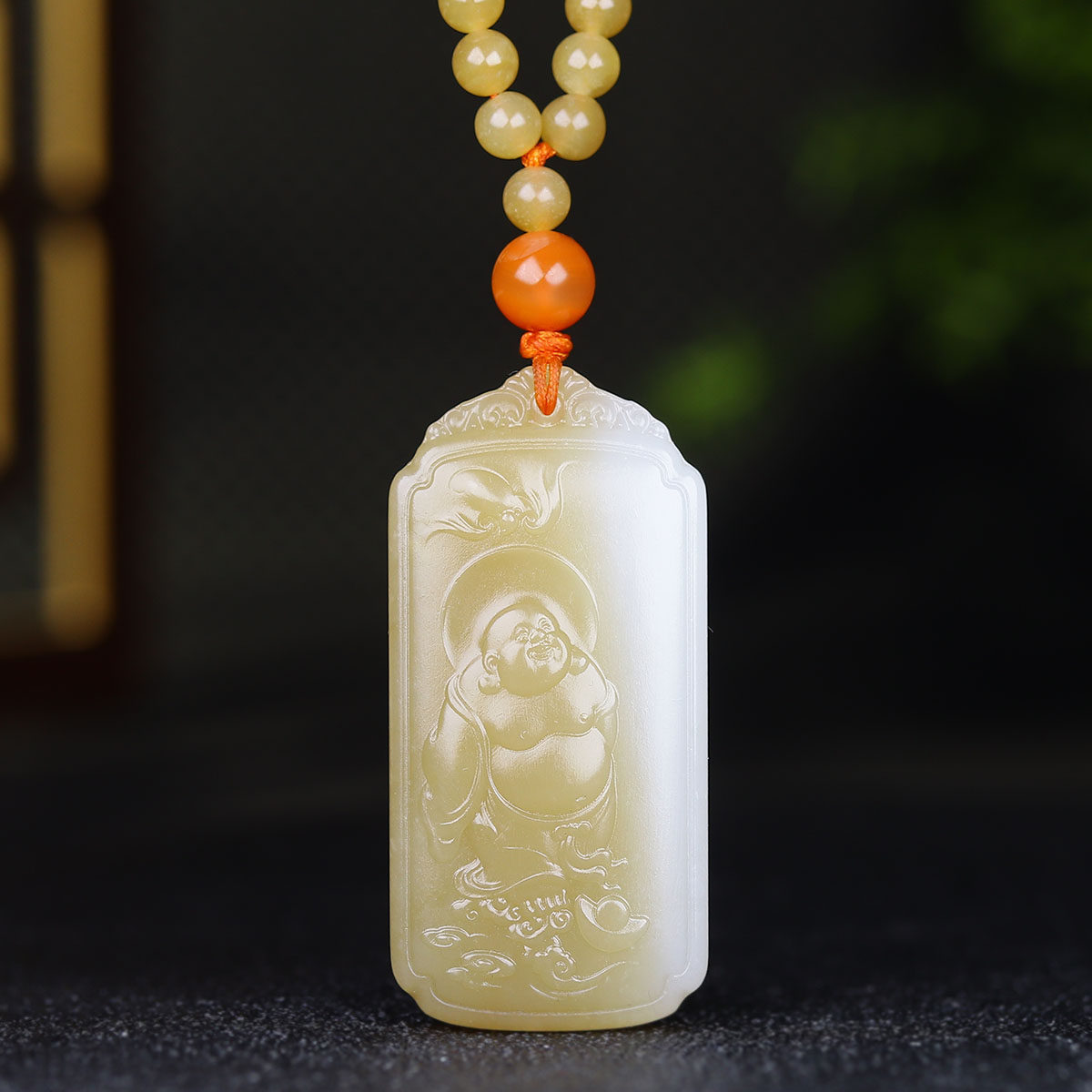 （古晨珠宝）新疆和田玉且末糖白玉弥勒佛挂件玉牌吊坠玉坠30g