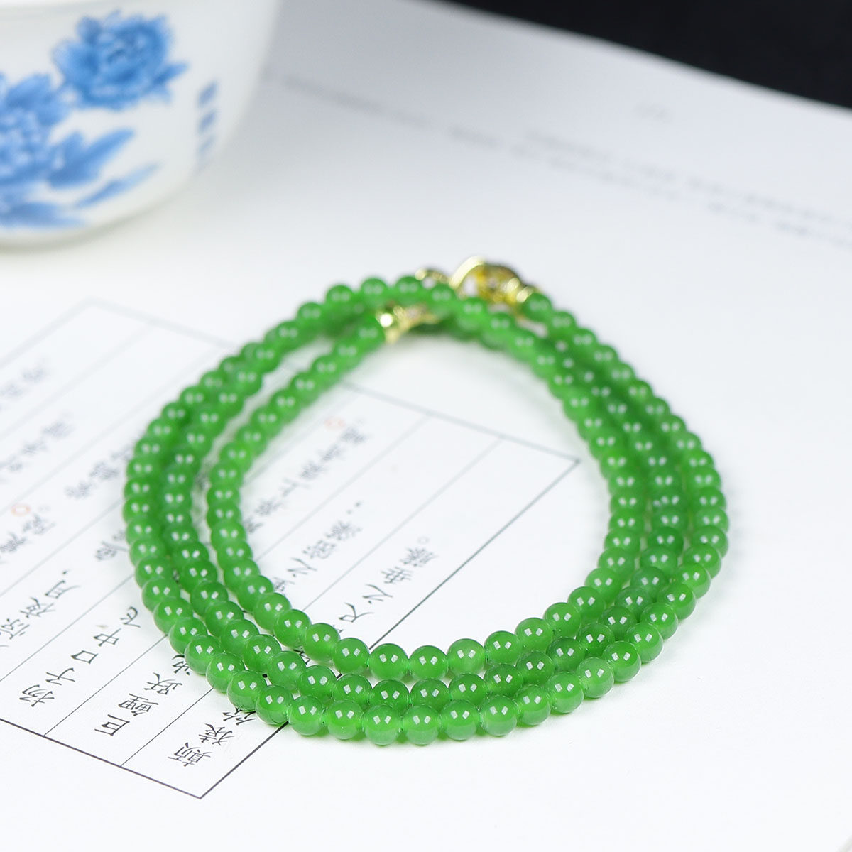 (古晨珠宝)俄罗斯和田玉果阳绿碧玉圆珠项链毛衣链诸事如意15g4mm