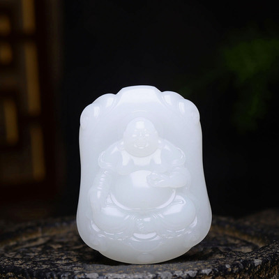 （古晨珠宝）新疆和田玉羊脂白玉弥勒佛挂件吊坠玉坠有福相伴47g