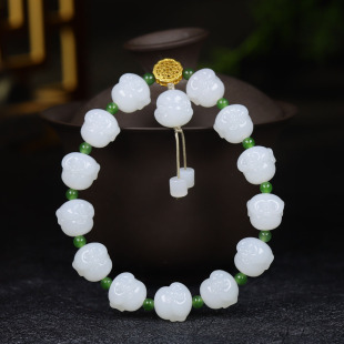 新疆和田玉羊脂白玉佛头手串手链珠帘富贵37g12mm 古晨珠宝