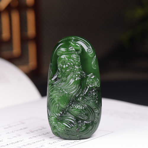 (古晨珠宝) 俄罗斯和田玉菠菜绿碧玉关公挂件吊坠玉坠忠义千秋69g