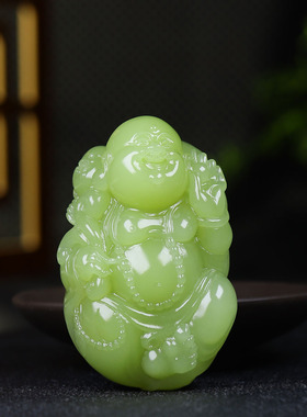 （古晨珠宝）新疆和田玉黄玉苏工弥勒佛手把件手玩天生福相137g