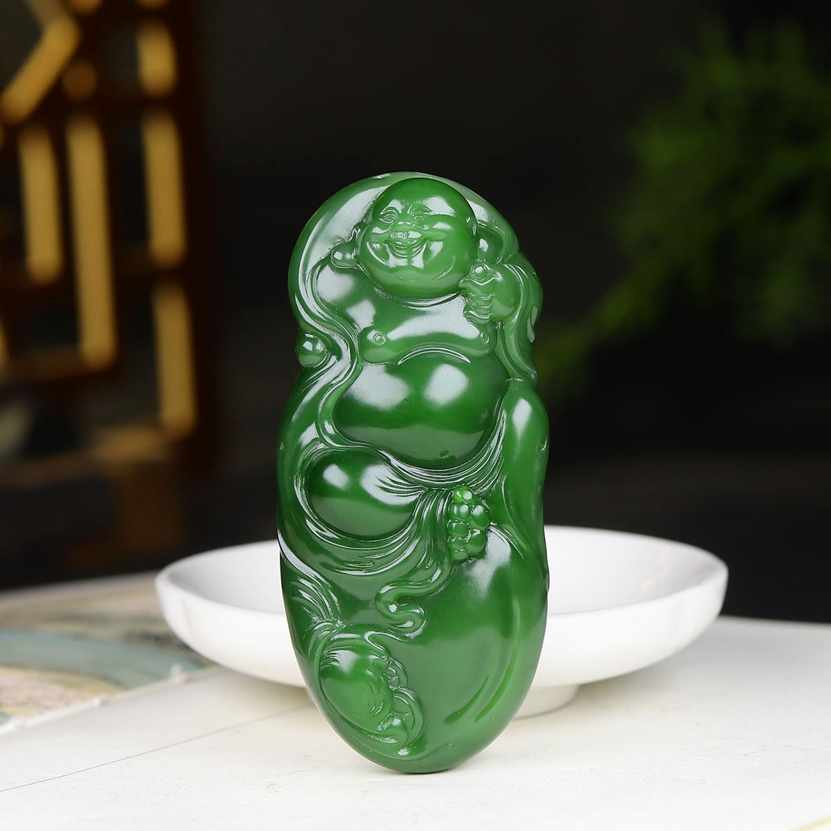 （古晨珠宝）俄罗斯和田玉菠菜绿碧玉弥勒佛挂件吊坠笑口常开76g