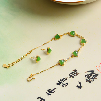 不议价俄罗斯和田玉碧玉辣阳绿银镶设计款手链3.6g耳钉1.4g套装