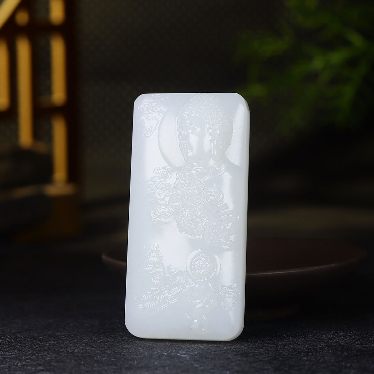 (古晨珠宝) 新疆和田玉羊脂白玉佛挂件吊坠玉坠玉牌佛光普照99g
