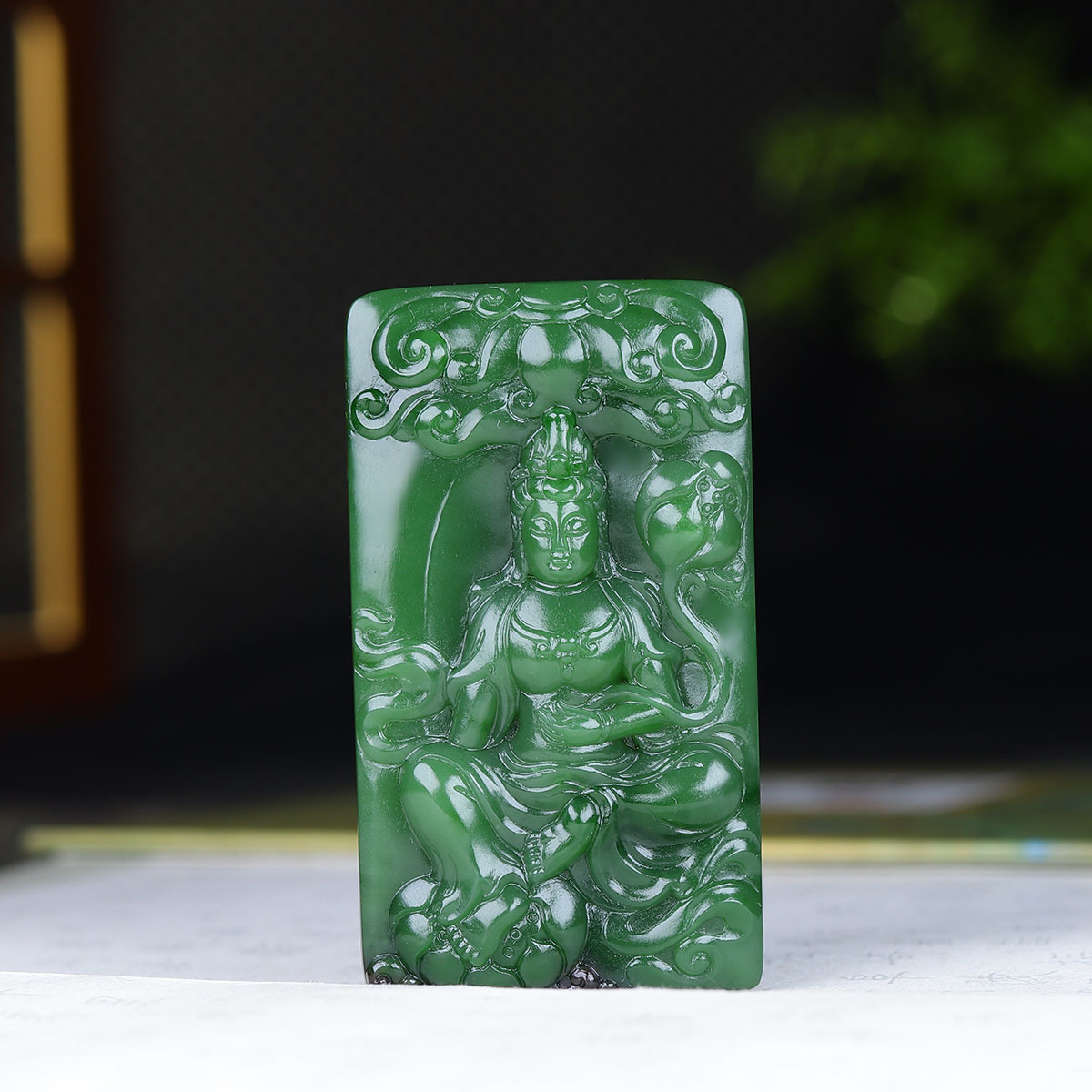 （古晨珠宝）俄罗斯和田玉菠菜绿碧玉观音挂件玉牌吊坠玉坠85g
