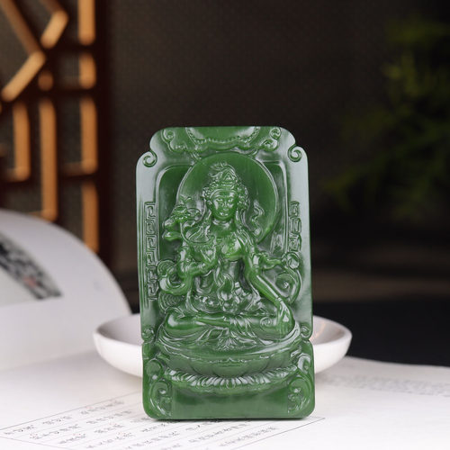 （古晨珠宝) 俄罗斯和田玉菠菜绿碧玉绿度母挂件吊坠玉坠123g