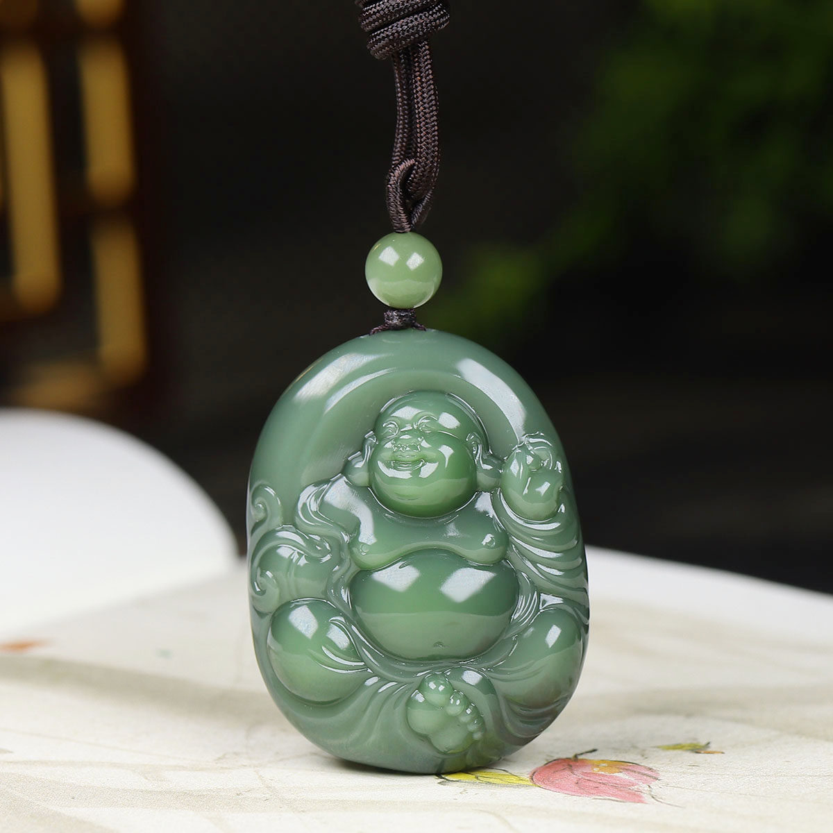 （古晨珠宝）俄罗斯和田玉碧玉弥勒佛挂件吊坠玉坠天生福相45g