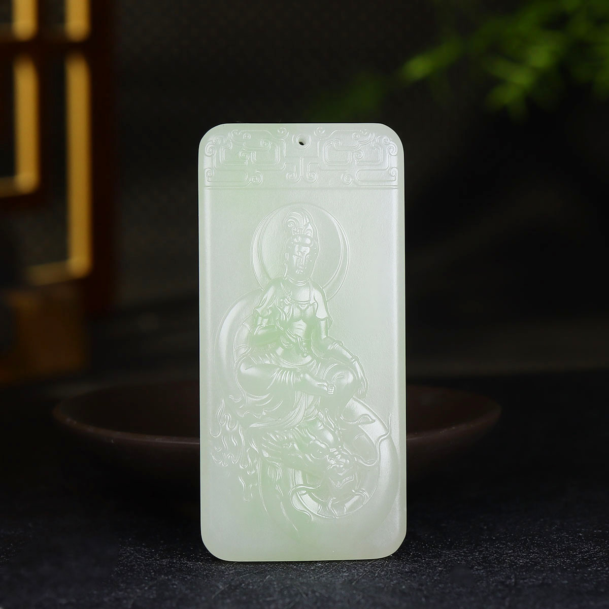 （古晨珠宝) 青海和田玉翠青观音挂件吊坠玉坠玉牌御龙观音70g