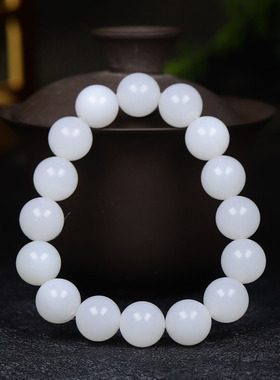 （古晨珠宝）新疆和田玉羊脂白玉圆珠手串手链珠帘富贵55g13mm