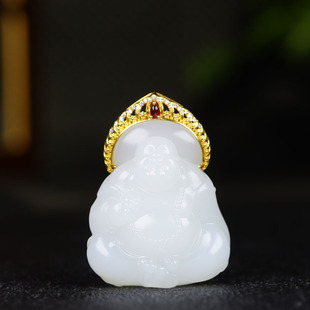 新疆和田玉羊脂白玉18k金镶嵌弥勒佛挂件吊坠玉坠17g 古晨珠宝
