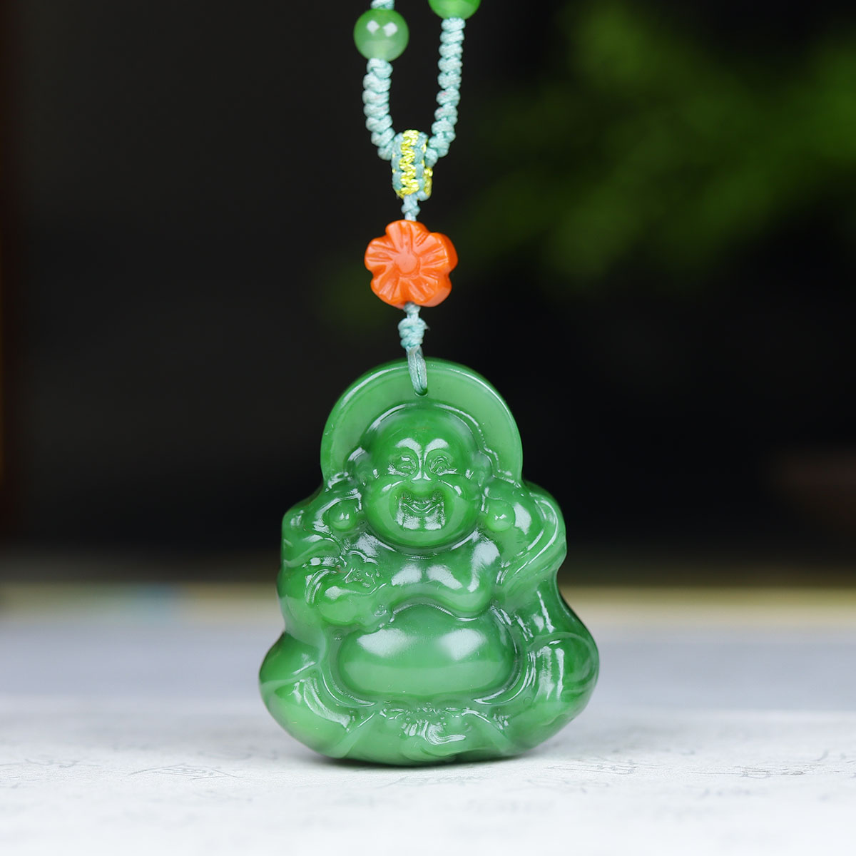 (古晨珠宝)俄罗斯和田玉粉绿碧玉弥勒佛挂件吊坠玉坠笑口常开22g