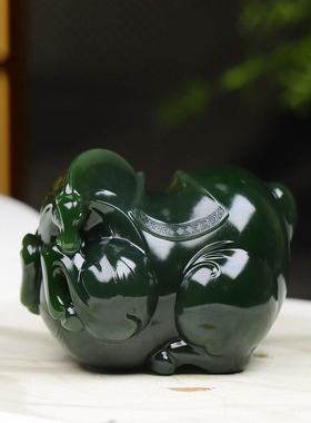 （古晨珠宝）俄罗斯和田玉菠菜绿碧玉生肖马把件手玩摆件302g