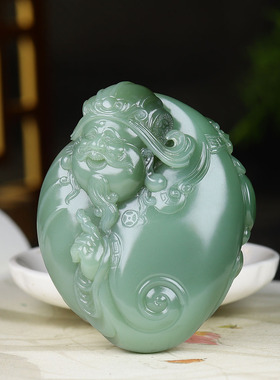 （古晨珠宝）俄罗斯和田玉鸭蛋青碧玉财神手把件手玩132g